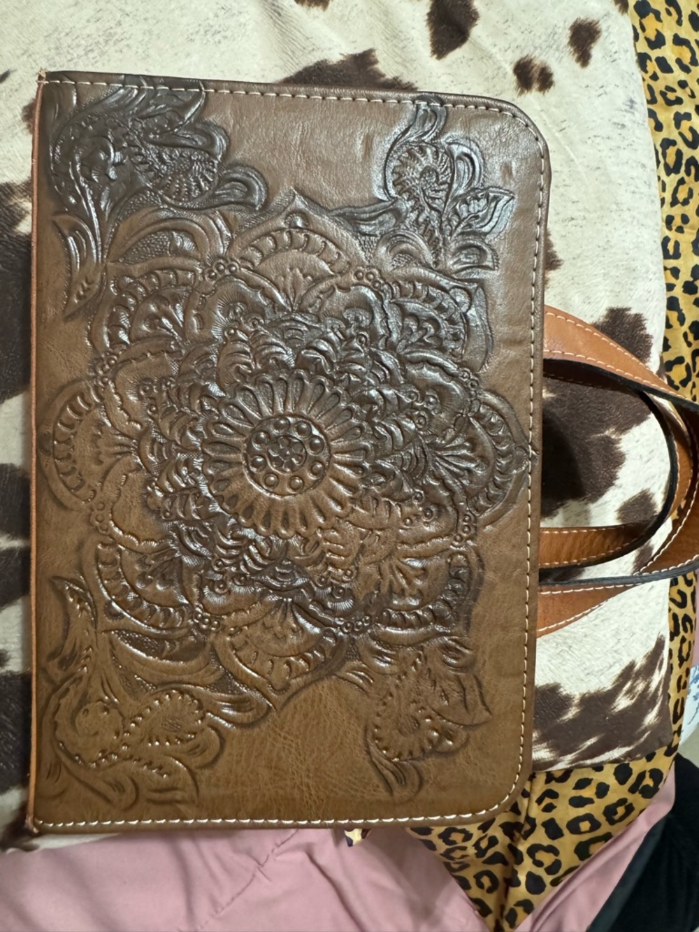 Embossed Floral Leather Tote Bag in Brown Made in Mexico